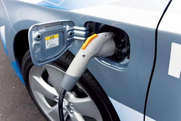 A prototype plug-in Toyota Prius recharges.